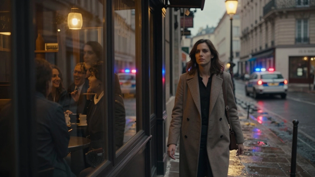 A sex worker walks past a café where friends laugh, her reflection fading in the window as police lights glow in the background.