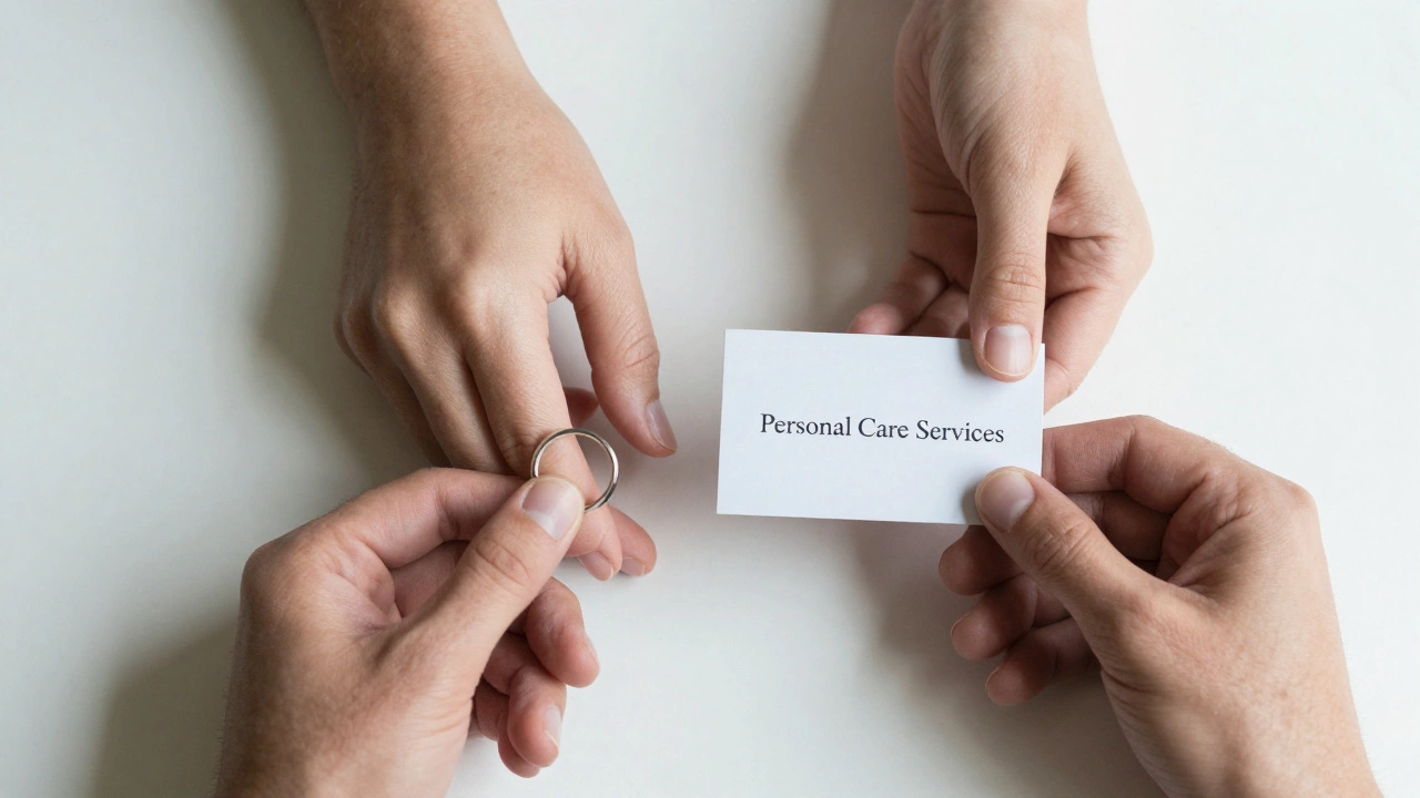 A wedding ring and a personal care services card rest side by side, symbolizing the clash between love and stigma.