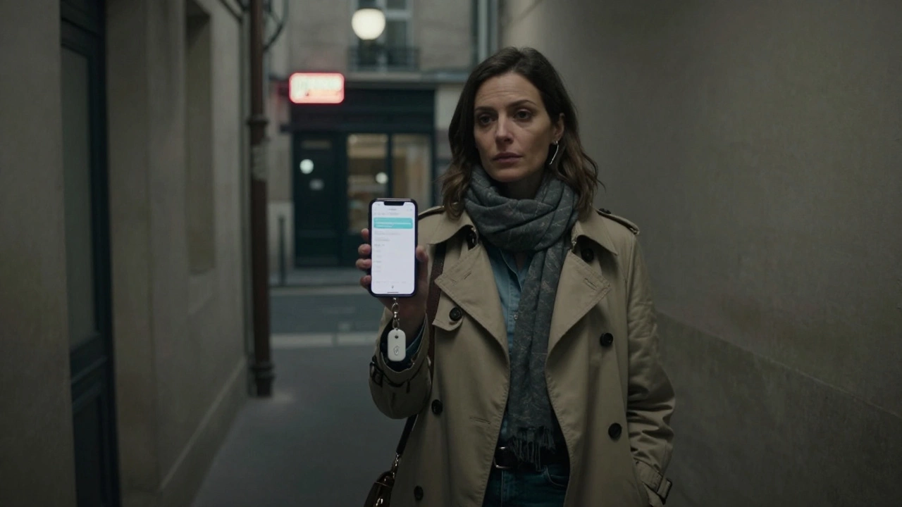 A woman standing in a Paris hallway with a smartphone and panic button, dressed casually.