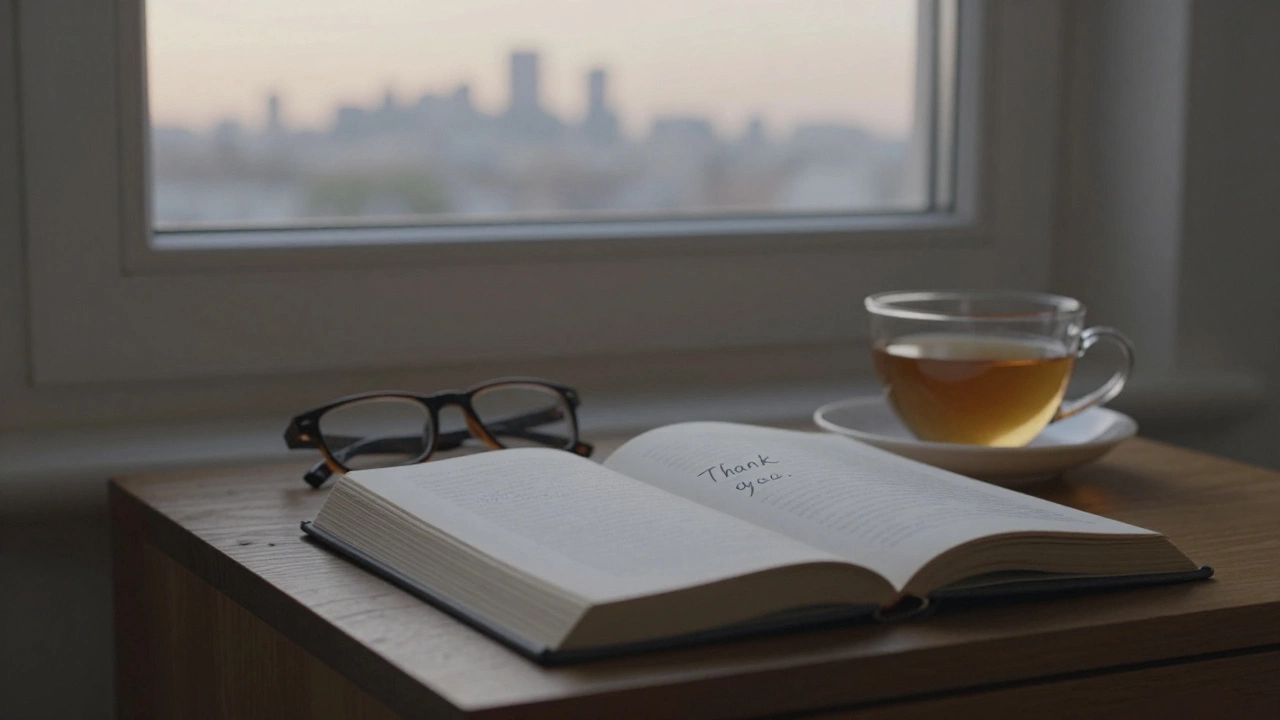 An open book and teacup on a nightstand with Paris skyline visible through the window at dawn.